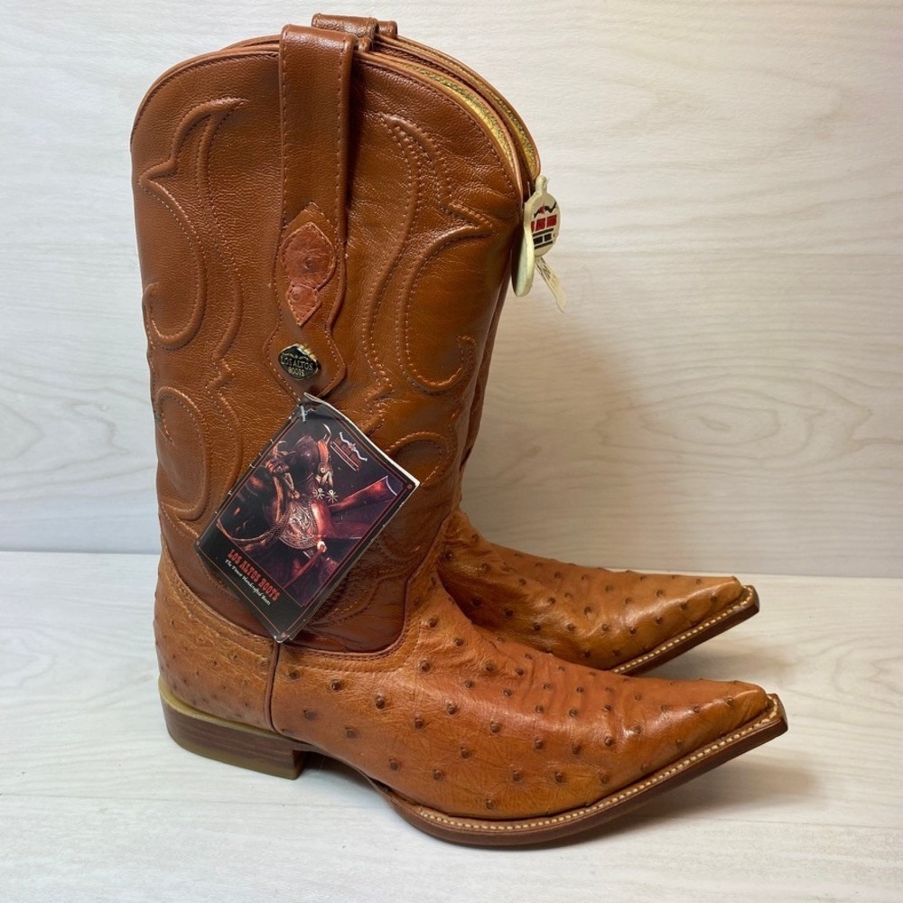 Los Altos Mens 8 EE Cowboy Boots Western Pointed Toe Brown Ostrich Leather J-Toe